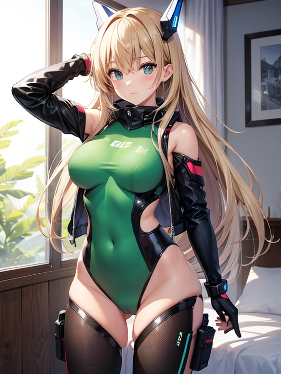 girl cyborg slender Green bodysuit