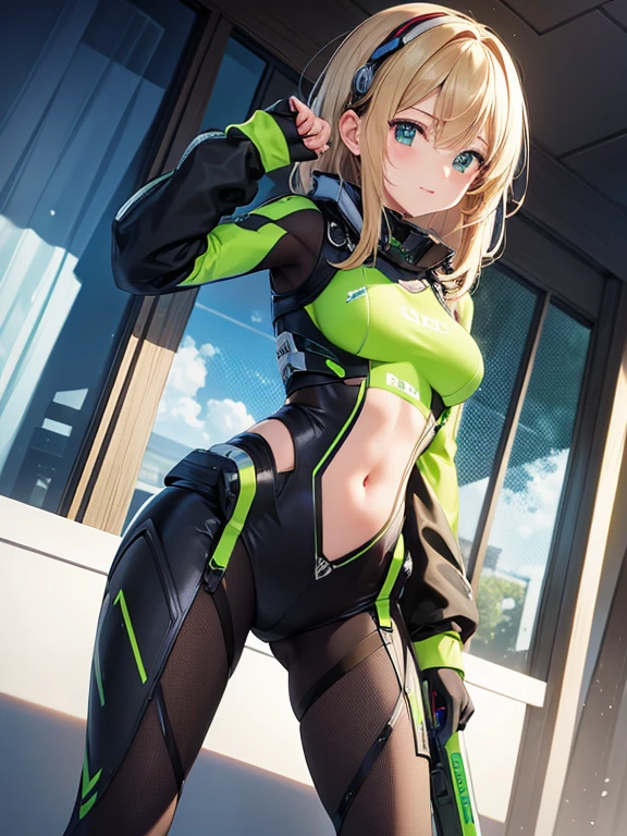 girl cyborg slender Green bodysuit