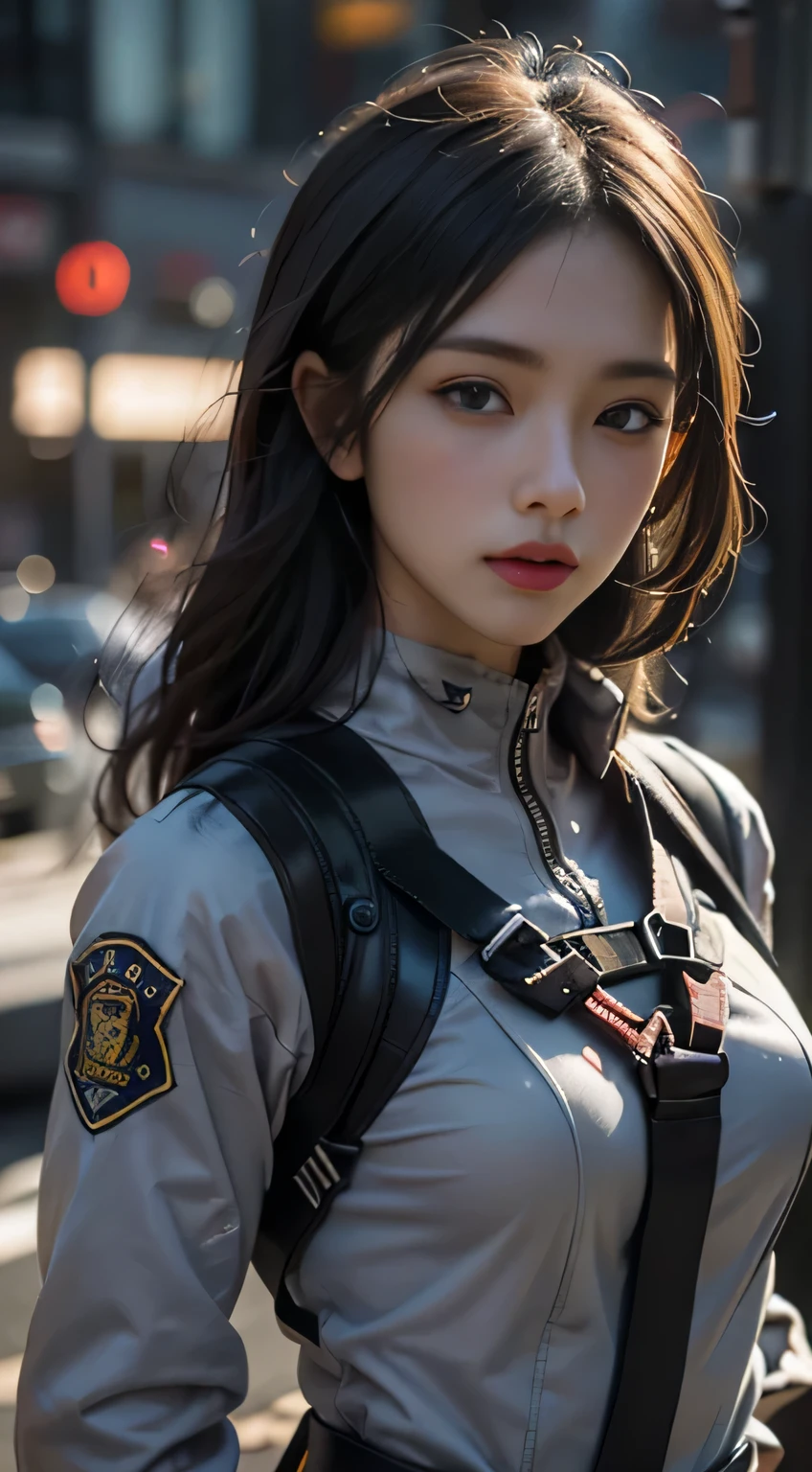(Highest image quality, outstanding details, ultra-high resolution), (realism: 1.4), favor details, highly condensed 1 beautiful girl, with a delicate and beautiful face, ((cowboy shot)), (a bit chubby:0.4), (wearing black racing suit likes police uniform, black and grey mecha, wearing military harness, holding a machinegun), background simple grey concrete,