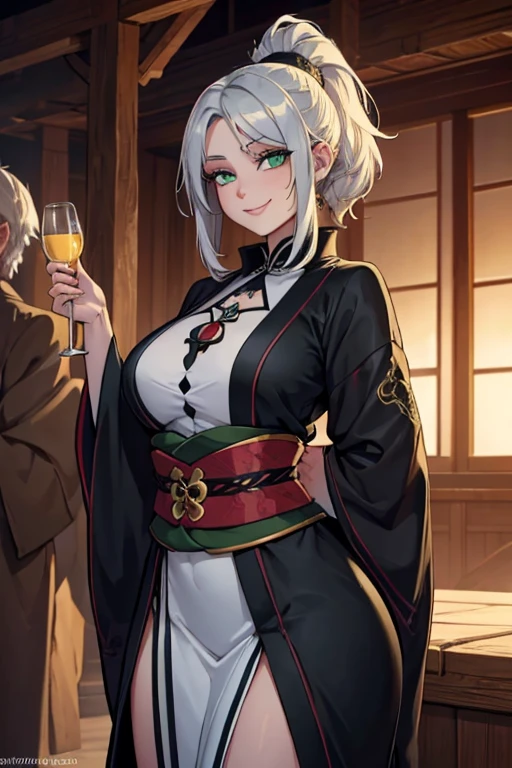 a young silver haired woman with green eyes with an hourglass figure in a Gothic converative and traditional kimono is smiling at a festival in the underworld
