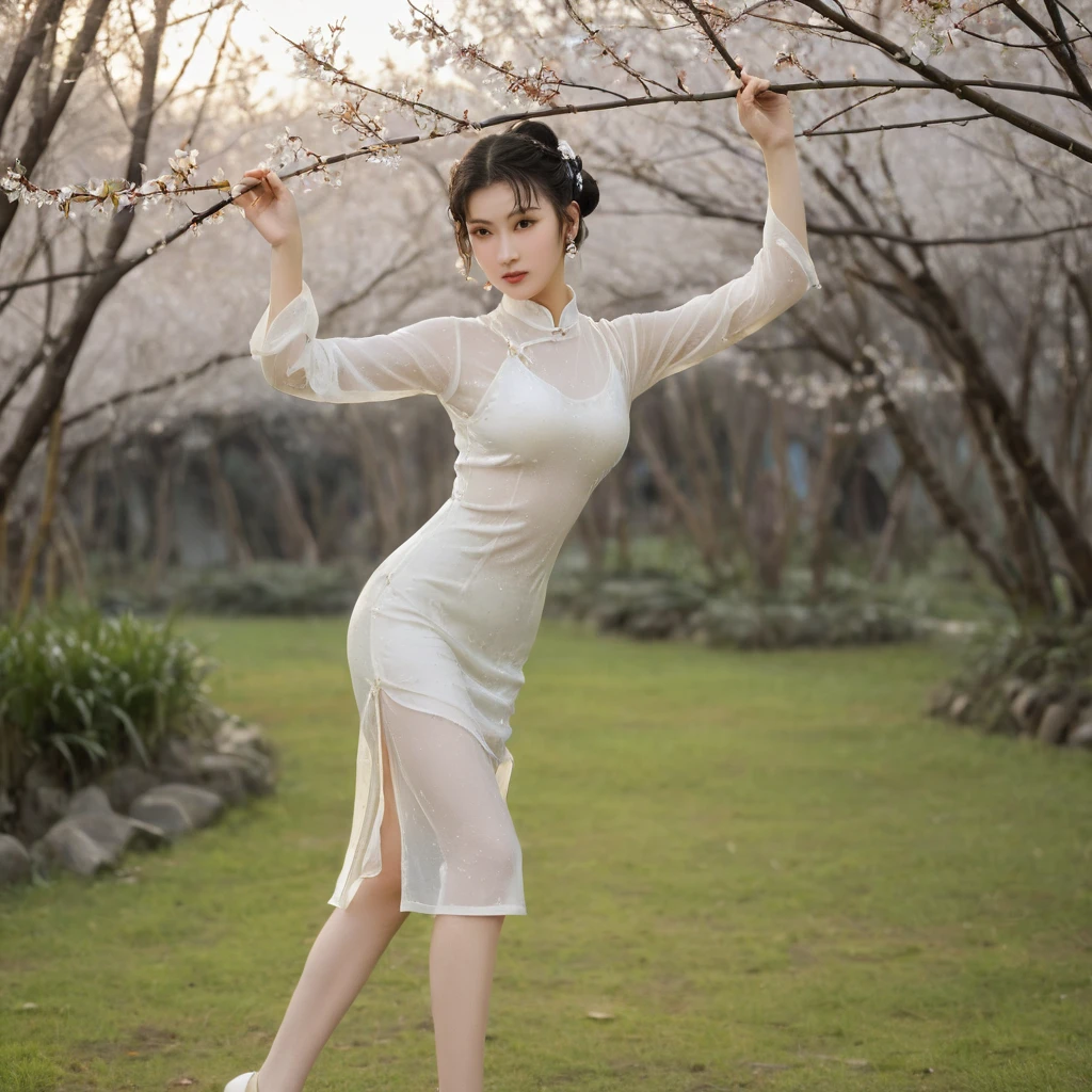raw photo, realistic, chunli wears thin wet transparent white qipao, light smile, (extreme detailed face, detailed skin), slim body, tight waist, thin thighs, thin legs, huge round breasts, pearl earrings, double hair bun, silk bandeau, thin wet stockings, silk shoes, show thighs, show feet, full body shot, kungfu pose in garden, blooming plum trees, bamboos, soft lights on face, dusk, windy, warm tone.