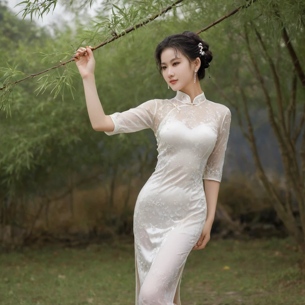 raw photo, realistic, chunli wears thin wet transparent white qipao, light smile, (extreme detailed face, detailed skin), slim body, tight waist, thin thighs, thin legs, huge round breasts, pearl earrings, double hair bun, silk bandeau, thin wet stockings, silk shoes, show thighs, show feet, full body shot, kungfu pose in garden, blooming plum trees, bamboos, soft lights on face, dusk, windy, warm tone.