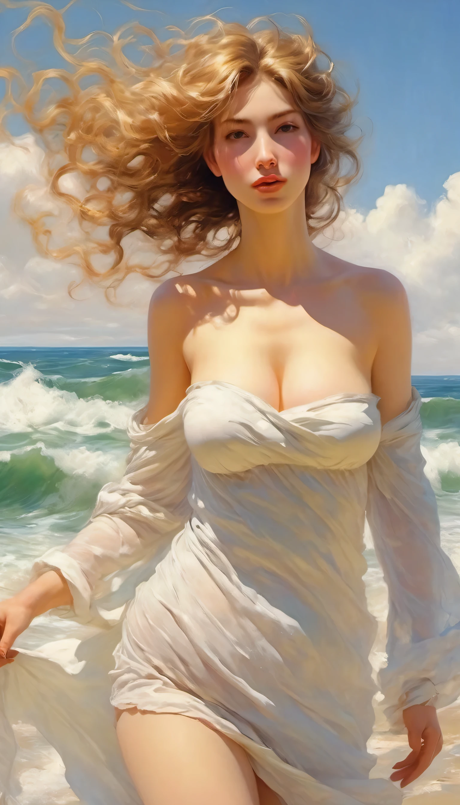 (Modern version of the picture the birth of venus) , (Emily Rudd:Elsa Pataky) very long blond hair, messy hair, windy, naked, hairy puvis, (covering breasts), (covering crotch), masterpiece, hyperdetailed painting, ((1girl)). 