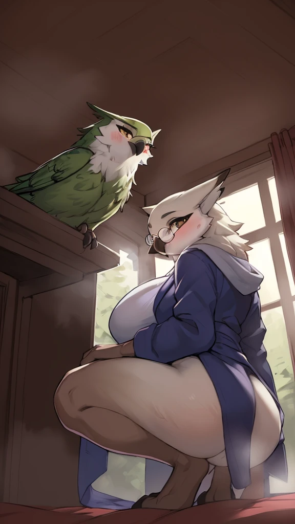 solo, 1girl, female, furry female, bird, avian, owl, big tits, glasses, green feathers, ramona_uo, (cute anatomy:1.1), highly detailed, hyper realistic, soft lighting, ((masterpiece, 8K, HD:1.2)), ((best quality:1.2)), (extreme detailed illustration),(by zackary911:1.3),(by taran fiddler:1.1), (by jay naylor, spectrumshift,iskra:1.2, syuro:1.0),(by hioshiru),(by Meesh),(by riska), ((taking off robe, blush, plump body, sweaty body, stuffy body, flushed body, flexible body, soft body, gramorous body, hot air, steam, view from front, low angle, view from up close, bedroom, seducing viewer, orgasm, feminine body, squirt, squatting, leaning forward, slouch))