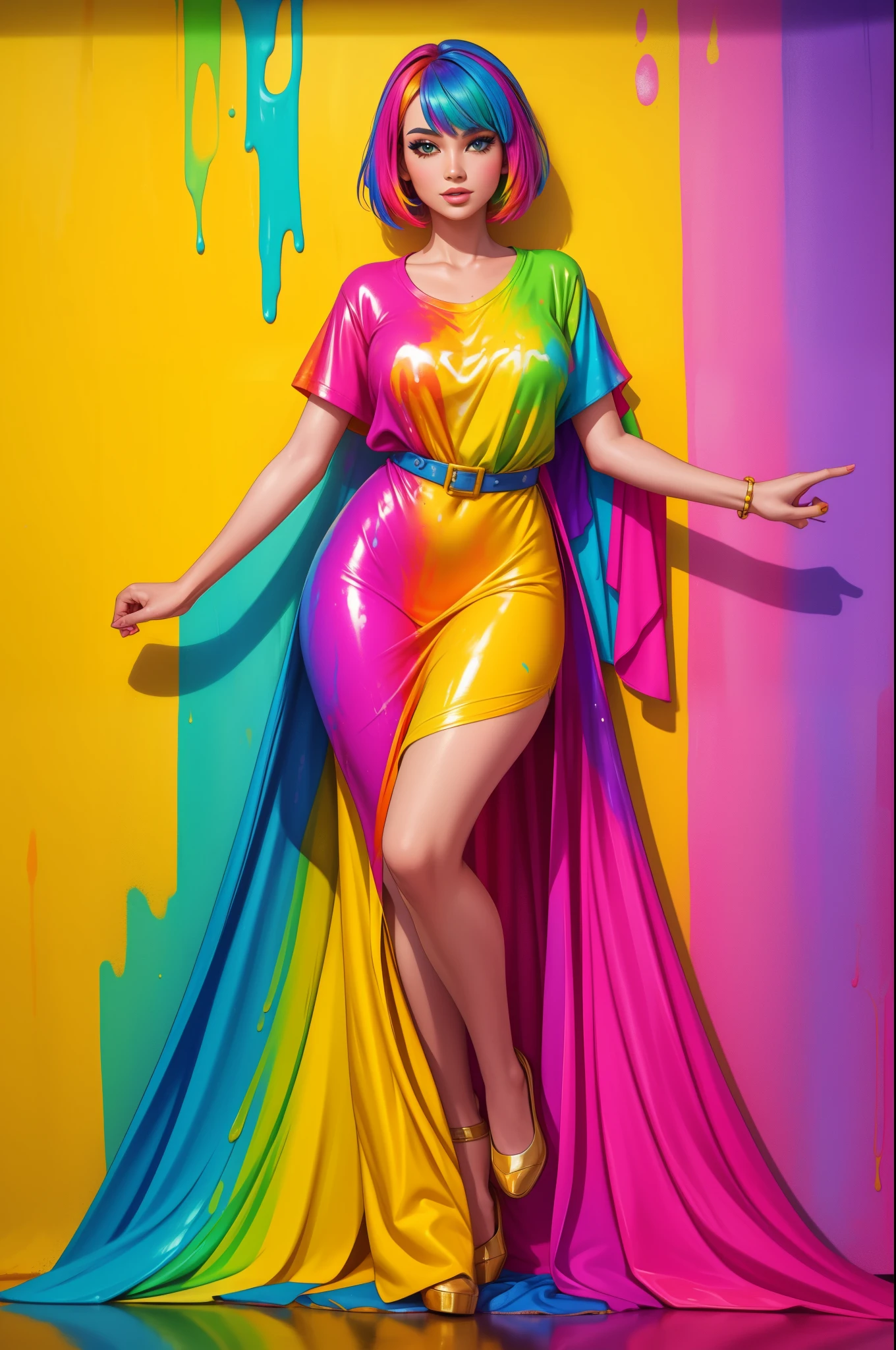Lady Gaga Photo, 4K Texture, Bright Yellow & Bright Blue Two Piece Dress,Neon,Flamboyant White Hair, 8k Picture, Haute Couture, Flashes, High Image Quality,Neon Dress, Realistic Face, Various Body Poses, Full Body, 8k Image, Sharp Image,HD