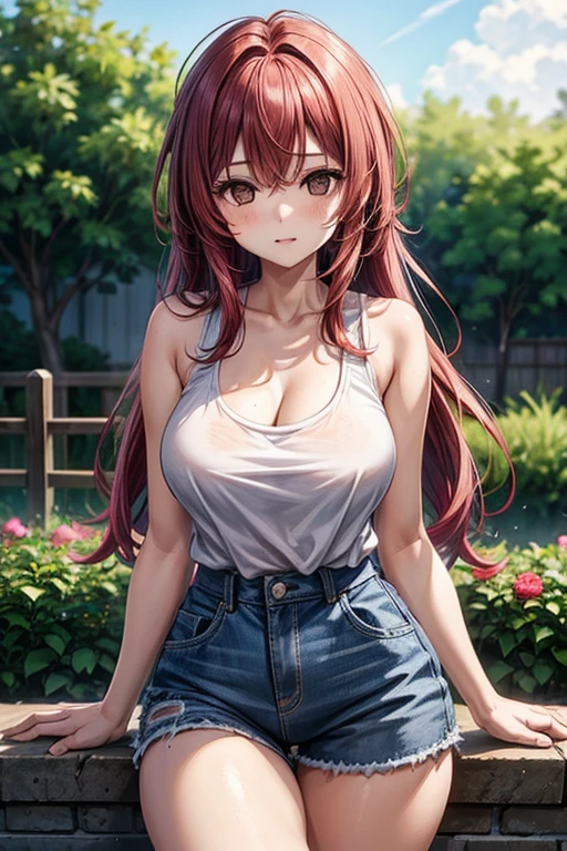 1girl, Red hair, Messy hair, Waist-long hair, brown eyes, big hips, thick thighs, medium breasts, wearing a pink tank top and denim shorts, in the garden 