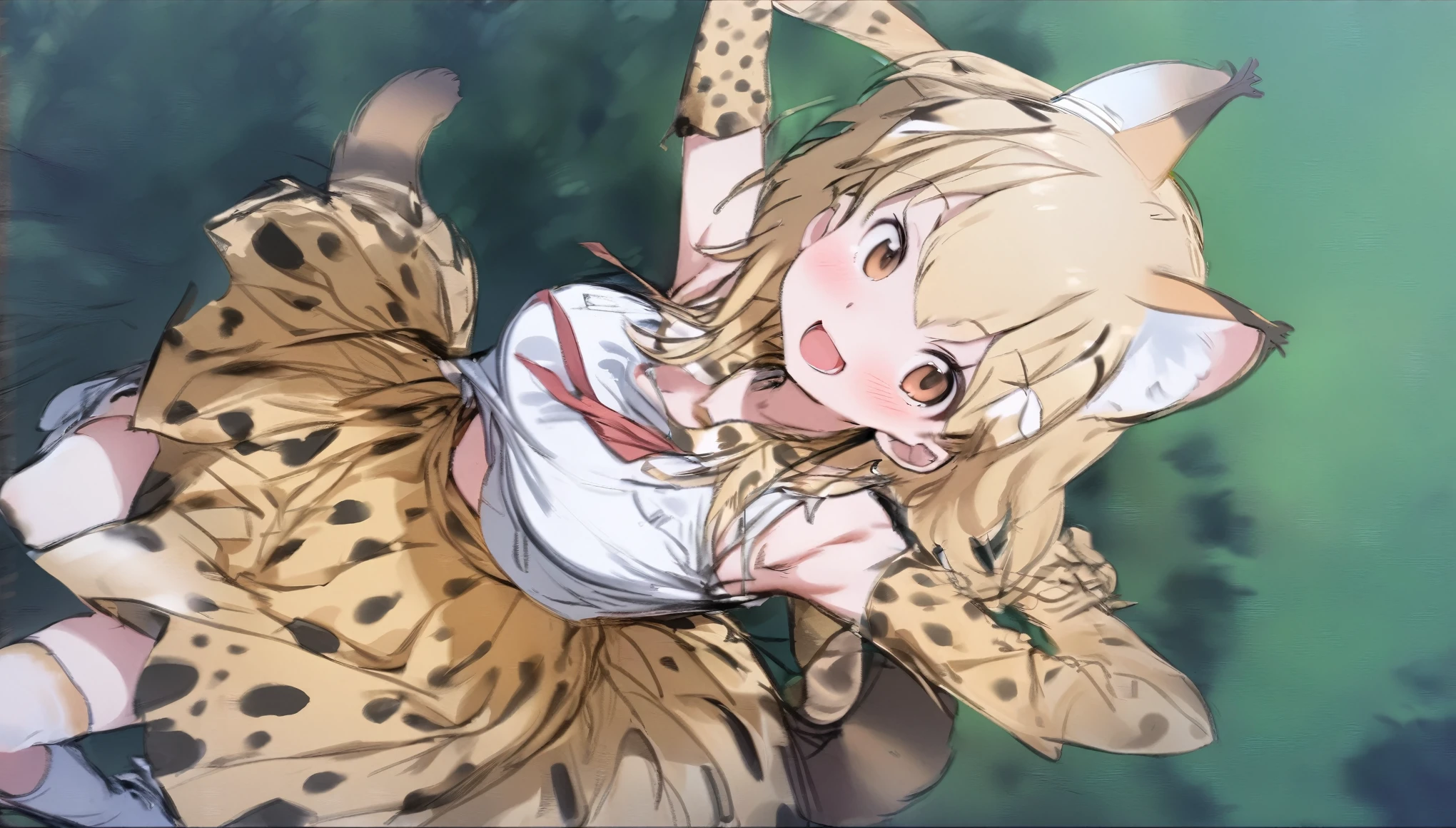 (masterpiece, best quality), serval (kemono friends), 1 girl, solo, breasts, looking at viewer, blush, smile, green eys, open mouth,short hair, blonde hair, multi colored hair, jumping ,bangs, skirt, grass land, trees , mountain , shirt, thighhighs, gloves, bow, animal ears, large breasts ,bare shoulders, tail, full body, white shirt, :d, boots, sleeveless, elbow gloves, bowtie, armpits, sketch, sleeveless shirt, white footwear, white bow, extra ears, high-waist skirt, white bowtie, serval print, print skirt, print bow, print gloves, striped tail, print bowtie, two-tone bowtie,((( open front of the shirt chest very wide)))