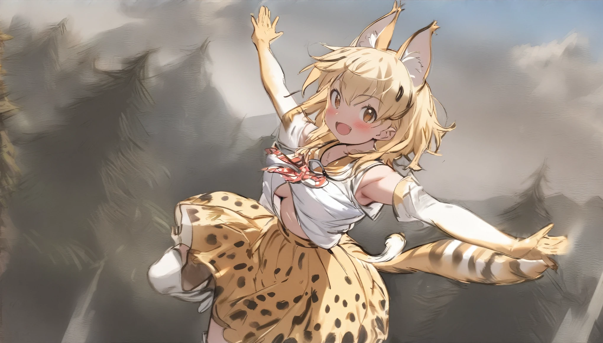  (masterpiece, best quality), serval (kemono friends), 1 girl, solo, breasts, looking at viewer, blush, smile, green eys, open mouth,short hair,  blonde hair, multi colored hair, jumping ,bangs, skirt, grass land, trees , mountain , shirt, thighhighs, gloves, bow, animal ears, large breasts ,bare shoulders,  tail, full body, white shirt, :d, boots, sleeveless, elbow gloves, bowtie, armpits, sketch, sleeveless shirt, white footwear,  white bow, extra ears, high-waist skirt, white bowtie, serval print, print skirt, print bow, print gloves, striped tail, print bowtie, two-tone bowtie,((( open front of the shirt chest very wide)))
