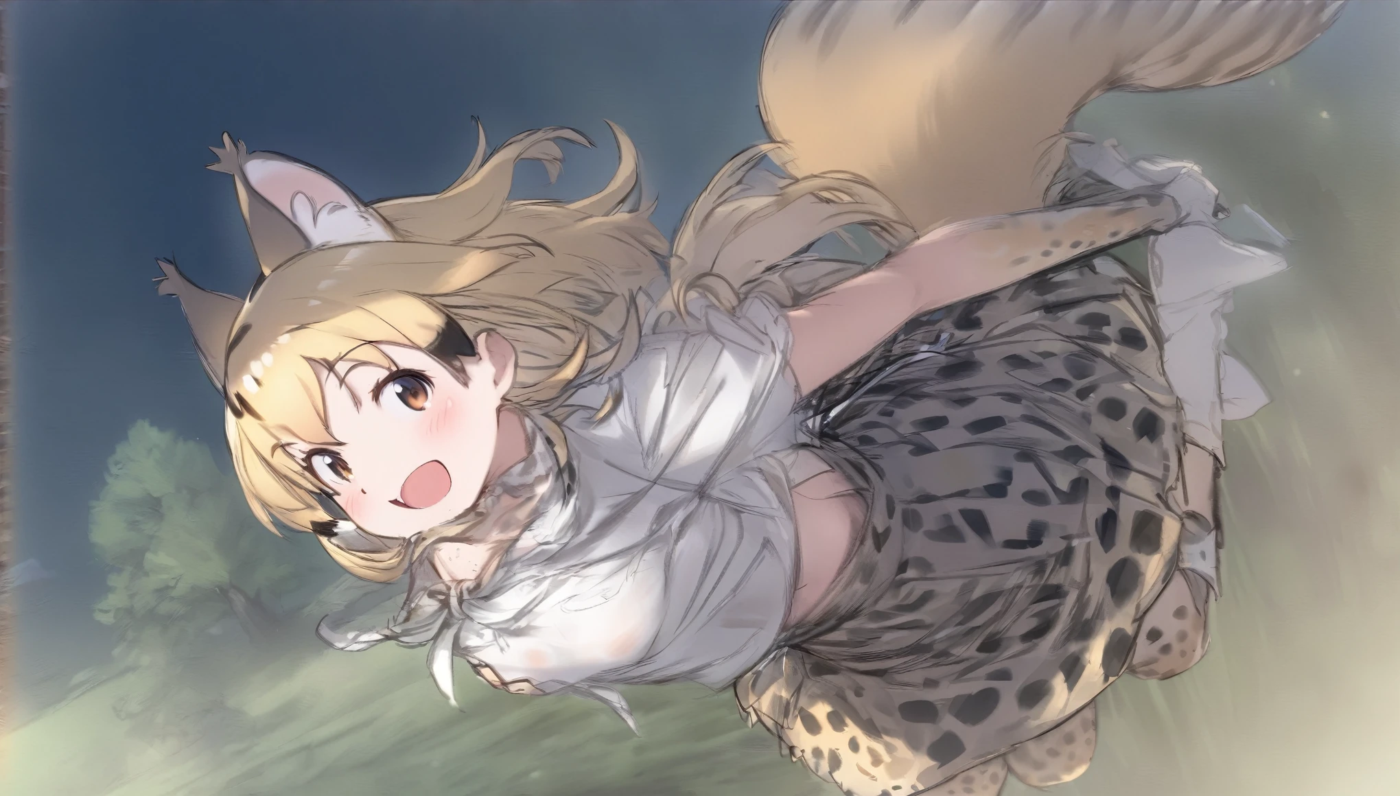  (masterpiece, best quality), serval (kemono friends), 1 girl, solo, breasts, looking at viewer, blush, smile, green eys, open mouth,short hair,  blonde hair, multi colored hair, jumping ,bangs, skirt, grass land, trees , mountain , shirt, thighhighs, gloves, bow, animal ears, large breasts ,bare shoulders,  tail, full body, white shirt, :d, boots, sleeveless, elbow gloves, bowtie, armpits, sketch, sleeveless shirt, white footwear,  white bow, extra ears, high-waist skirt, white bowtie, serval print, print skirt, print bow, print gloves, striped tail, print bowtie, two-tone bowtie,((( open front of the shirt chest very wide)))
