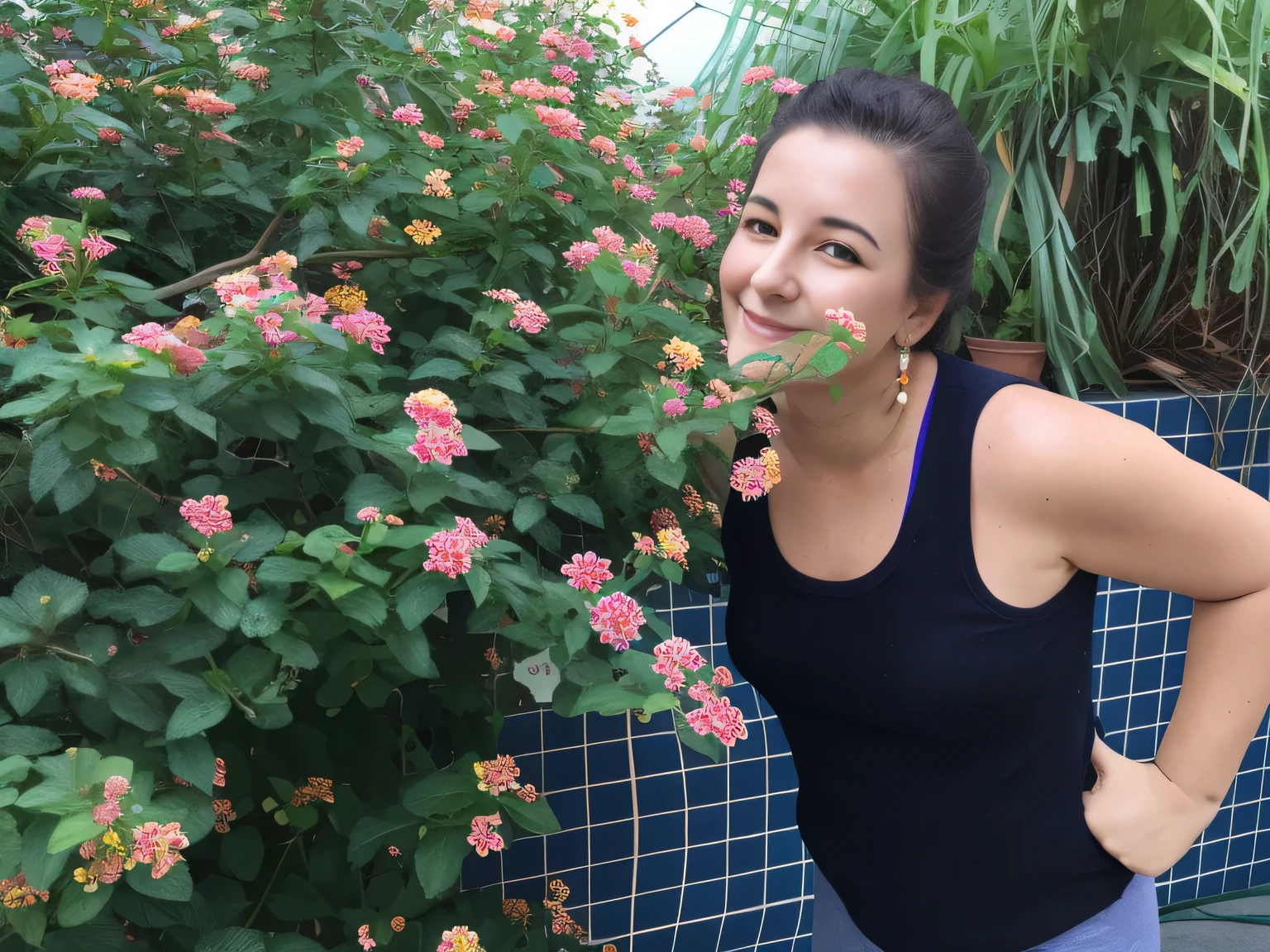 smiling woman standing in front of a bush of flowers with a blue tiled wall, with flowers, flowers on heir cheeks, standing in a botanical garden, next to a plant, woman in flowers, covered in plants, covered in flowers, in garden, inspired by Eva Gonzalès, in sao paulo, flowers in background, by Anna Haifisch