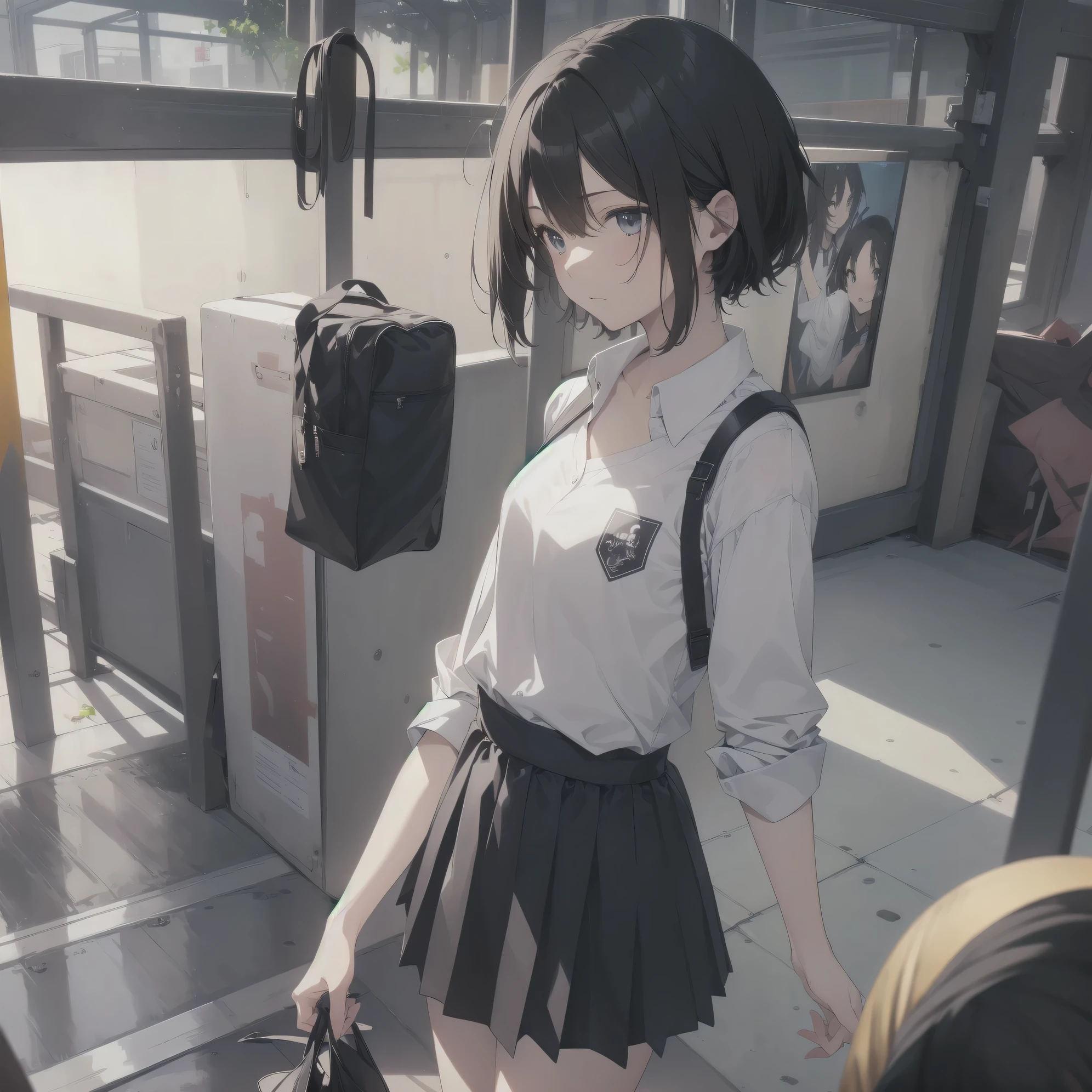 ultra-absurdres-Top quality by artist God, ultra-detailed, high resolution, anime moe artstyle, best anime 8k konachan wallpaper, pixiv contest winner, perfect anatomy,break, 1girl, (Please draw a girl walking sleepily to school alone. )break,(Solo,little female, 13-year-old:1.3),Full limbs, complete fingers,a junior high school student, Attractiveness of immature bodies, (very short hair), short cut, flat chest, , small butt, small black eyes, beautiful detailed eyes, well-proportioned iris and pupils, expressive eyes, highres detailed hair, soft expression, school_uniform, official_alternate_costume, pleated skirt,(Detailed Lighting), (Detailed background), in the School commute route. break,super detailed skin, Best cinematic lighting powered by famous artist, 8k,beauty illustration,photoshop_(medium),very aesthetic,break,((artist:itomugi-kun )), artist:akinashi yuu ,artist:oyari ashito ,artist:kantoku ,