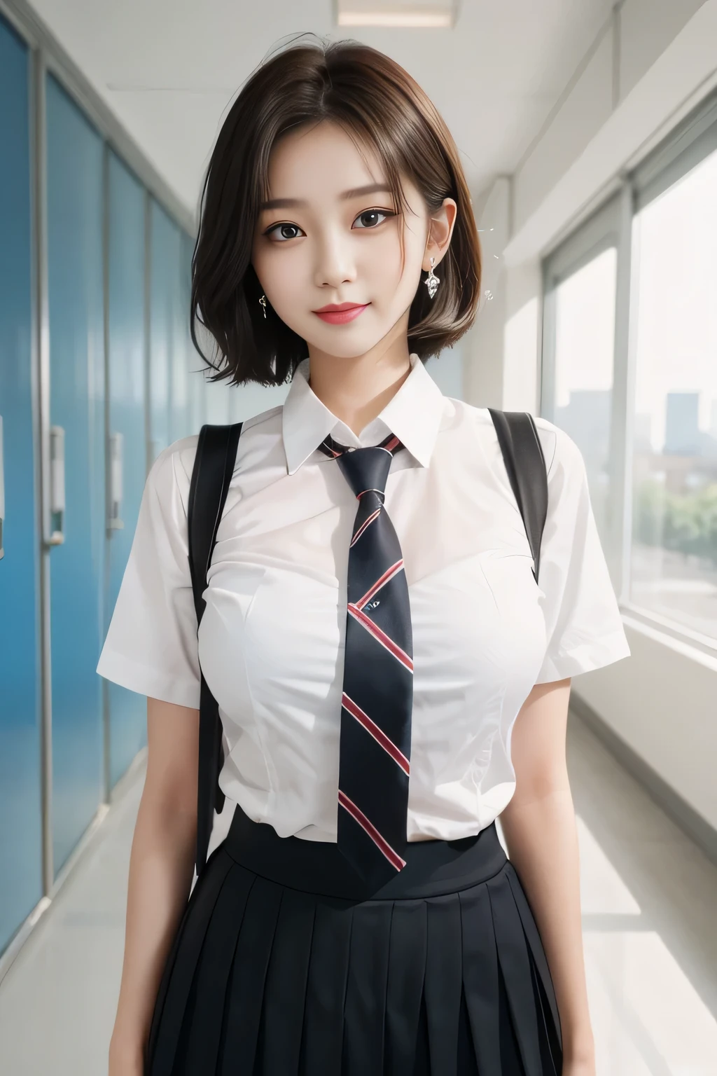 , shirt, blazer, ribbon tie, skirt, school, hallway in front of classroom, chest protruding pose, 8K RAW photo, high resolution, 15 year old Korean, very big round breasts, beautiful eyes in detail, long eyelashes, beautiful double eyelids, eyeshadow, eyeliner, slit eyes, elongated eye shape, sanpaku eyes, dark eye makeup, evil smile, beautiful thin legs, random short hair, tie hair behind the head, earrings, bright brown hair,