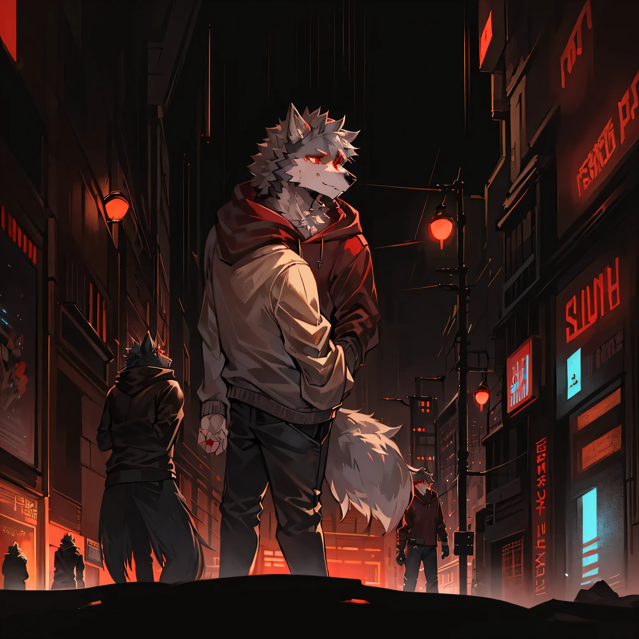 (hairy:1.2),(deep gray hairy wolf,Red eyes,gray hoodie, boys, Handsome,Humanity:1.1),(masterpiece,delicate eyes, Detailed face,high quality, H,Kanno:1.1),(random background, midnight time,cyberpunk world, Random events, Cyberpunk Locations, Random character decoration, random expression, cyberpunk scene, Random light and shadow)(Blood,Blood,Blood)(Take a knife)
