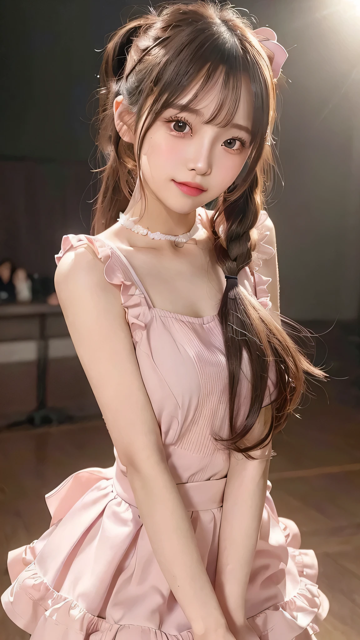 close up of face,blush,face forward,small breasts,,long hair ponytail,on stage,in the spotlight,((8K, Raw photo, best quality, muste piece:1.2), (Reality, photorealistic:1.4), (Highly detailed 8K wallpaper), Depth of the bounds written, cinematic lighting, soft light, detailed beauty eye,Shiny and smooth light brown ponytail, asymmetrical bangs, shiny skin, super detailed skin ,high resolution, high detail, detailed hairstyle, detailed beauty face, hyper real, perfect limbs, perfect anatomy ,1 Japanese girl,famous japanese idol, perfect female body,shy smile,short eyelashes,double-edged eyelids,look straight here,Hair style is ponytail、Pink colored long dress with lots of ruffles, softly shaped skirt, standing on stage,pink ribbon on head,She is wearing a skirt with lots of frills,pose is random,Composition from the chest up