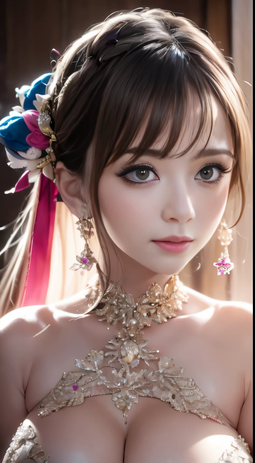 best qualtiy,tmasterpiece,A high resolution,1girll,Dingdall effect,realisticlying,edge lit,twotonelighting,(highdetailskin:1.2),8K UHD,Pure,Sweet,Flower background,Colorful background,Based on physical rendering,Perfect light and shadow,extreme hight detail,Pink tones,Eye reflections,Raised sexy,perfect bodies,Superb beauty,largeeyes,long eyelasher,Delicate eyes,large shiny eye pupillary reflexes,Shoulder and neck details,The pupil texture is delicate,Perfect eyes,Black pupils,best qualtiy,tmasterpiece,16k,A picture,head portrait,Bigchest,longer sleeves,Take care of your chest,Large breasts,Delicate avatar