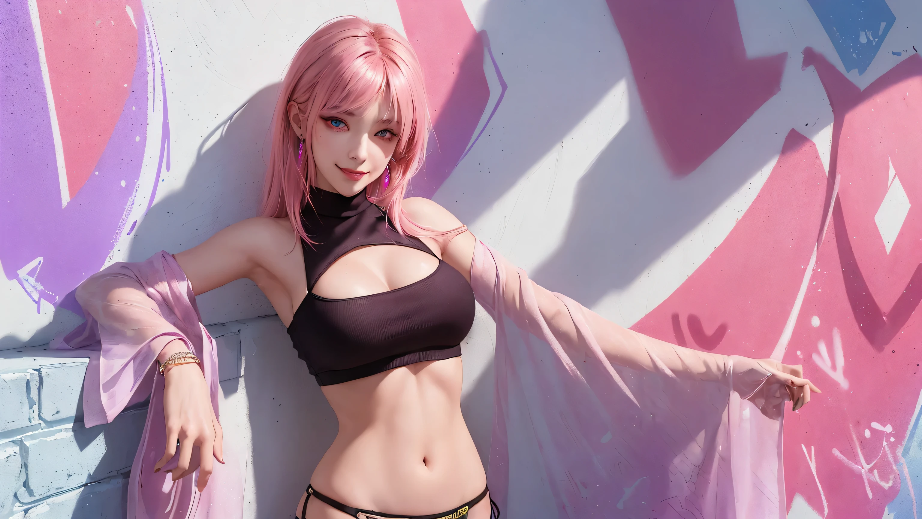 (Masterpiece, best quality, 1 girl, alone, complicated details, Chromatic aberration), realistic, ((Moderate breath)),long hair, pink hair, Red headpiece, Pink Highlights, hair on one eye,purple eyes, earring, sharp eyes, choker, Neon coat, She wears a collar, bangle, and kimono style garters., crop top, (symmetrical eyes),(Perfect symmetrical body),against the wall, Brick wall, (colorful graffiti words on the wall:1.2), The light is dim., alley ,Look at the viewer.、Dig the chest、smile、(sleeveless、Navel touch、Fitted turtleneck.)、street string hot pants、Thin bottom、Please build above the eaves..、Thin shoulders、in underwear、