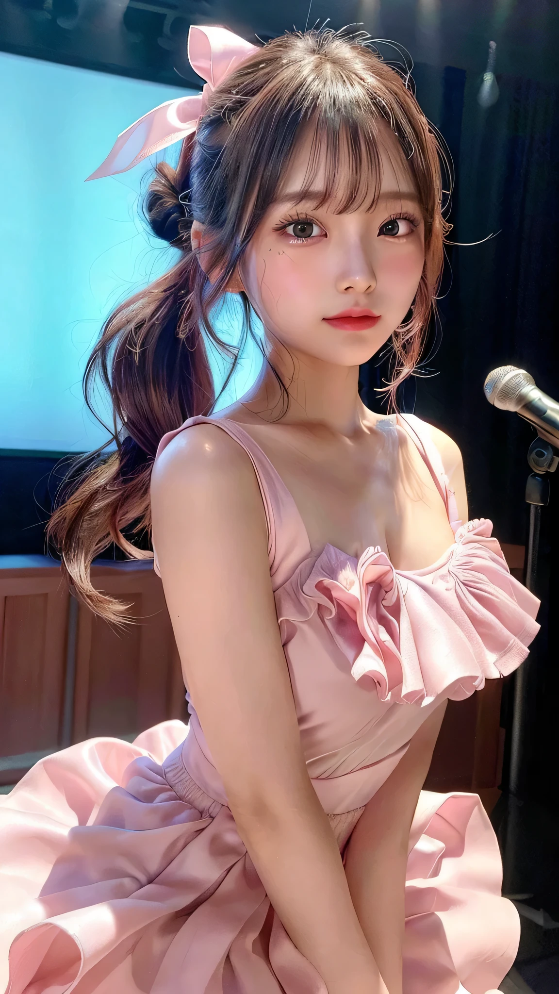 close up of face,blush,face forward,small breasts,,long hair ponytail,on stage,in the spotlight,((8K, Raw photo, best quality, muste piece:1.2), (Reality, photorealistic:1.4), (Highly detailed 8K wallpaper), Depth of the bounds written, cinematic lighting, soft light, detailed beauty eye,Shiny and smooth light brown ponytail, asymmetrical bangs, shiny skin, super detailed skin ,high resolution, high detail, detailed hairstyle, detailed beauty face, hyper real, perfect limbs, perfect anatomy ,1 Japanese girl,famous japanese idol, perfect female body,shy smile,short eyelashes,double-edged eyelids,look straight here,Hair style is ponytail、Pink colored long dress with lots of ruffles, softly shaped skirt, standing on stage,pink ribbon on head,She is wearing a skirt with lots of frills,pose is random,Composition from the chest up