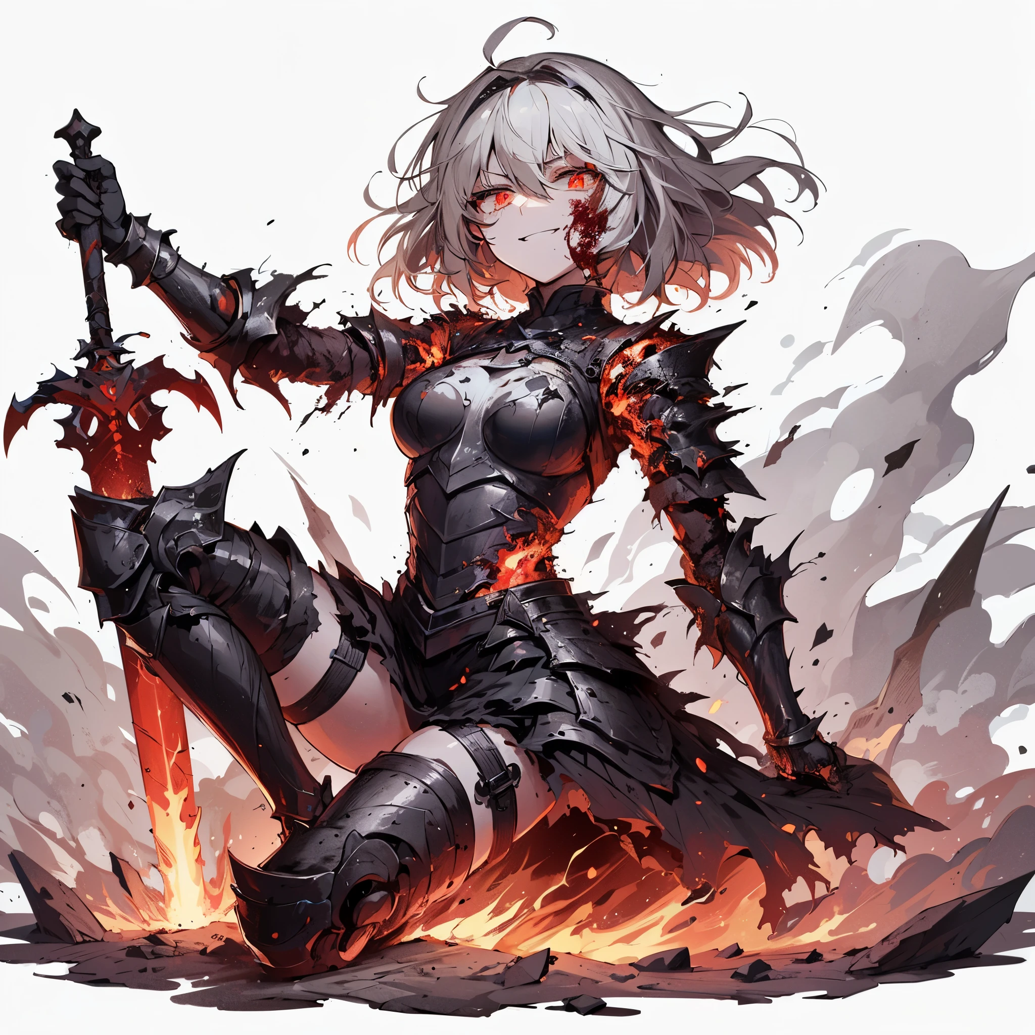 (Masterpiece), (Perfect Athlete Body:1.2), Full Body, anime style, female Knight of undead, glowing red eyes, ash hair, black burned armor, shedding molten iron like blood, holding blade, flaming fist, wearing raised boots, White Background, Whole Body, Standing in Rough Terrain, winning smile
