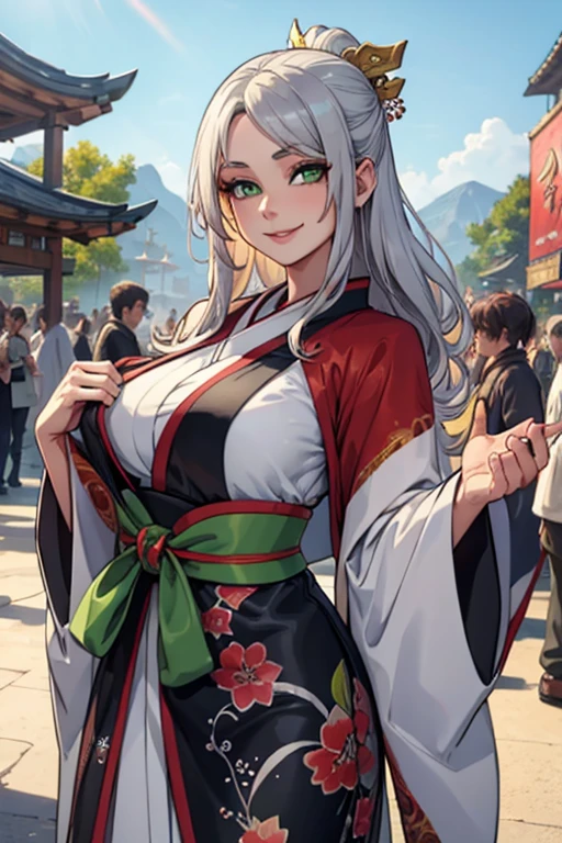 a young silver haired woman with green eyes with an hourglass figure in a pretty traditional kimono is smiling at a festival in the underworld