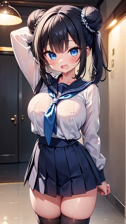 highest quality,wonderful,finely,extremely detailed CG Unity 8K wallpaper, (1 girl,black hair, blue eyes,double bun), (hube breast:1.2), (sailor uniform:1.1), (open mouth:1.2), (long tongue:1.2), (mouth drool:1.2), (black stockings:1.1),(Thighs),(constriction),(standing:1.2),(written boundary depth)