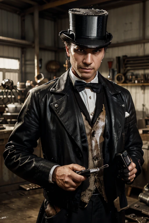 Draw a mechanic with grease on his face, wearing a top hat, and holding a cell phone in his hand. He should be standing straight, with a determined expression on his face, as if he were solving a complex mechanical problem. The background should show a mechanic shop environment, with tools and car parts around