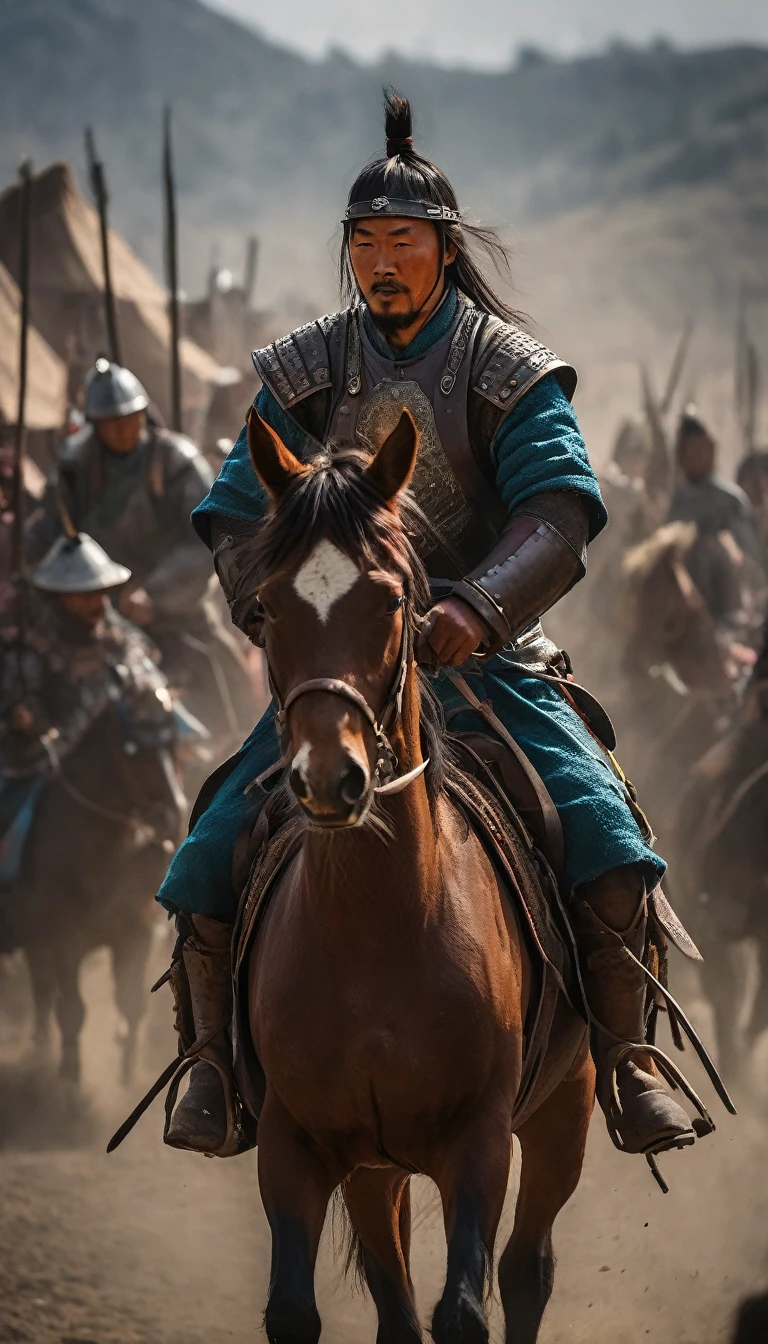 Quick cuts of Mongol warriors on horseback, fierce and determined, RAW photo,(high detailed skin:1), (realistic, photo-realistic:1.37), ultra high res, professional lighting , 8k uhd, dslr , high quality, film grain, Fujifilm XT3, RAW photo,, RAW photo,(high detailed skin:1), (realistic, photo-realistic:1.37), ultra high res, professional lighting , 8k uhd, dslr , high quality, film grain, Fujifilm XT3, RAW photo,