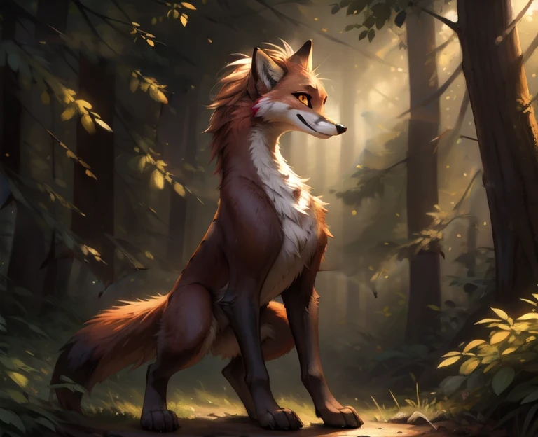 by kenket, by totesfleisch8, (by thebigslick, by silverfox5213:0.8), (by syuro:0.2),, Fox, twokinds, by tom_fischbach,, (best quality, masterpiece:1), feral, full body ,solo, male, red fox,, orange eyes, portrait, looking at viewer, fox tail, fox white , (outdoors dark forest trees blurry blurred background:1.1), naked, fullbody