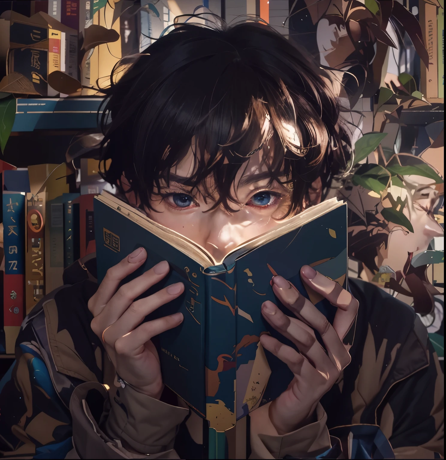 There is a man reading a book in front of the bookshelf..., portrait of lofi, 4k manga wallpaper, book portrait, Gwaites style artwork, digital anime illustration, Lofiatostyle, anime art wallpaper 4k, anime art wallpaper 4k, anime art wallpaper 8k, rpg book portrait, Lofiato, detailed digital anime art、dark atmosphere、
