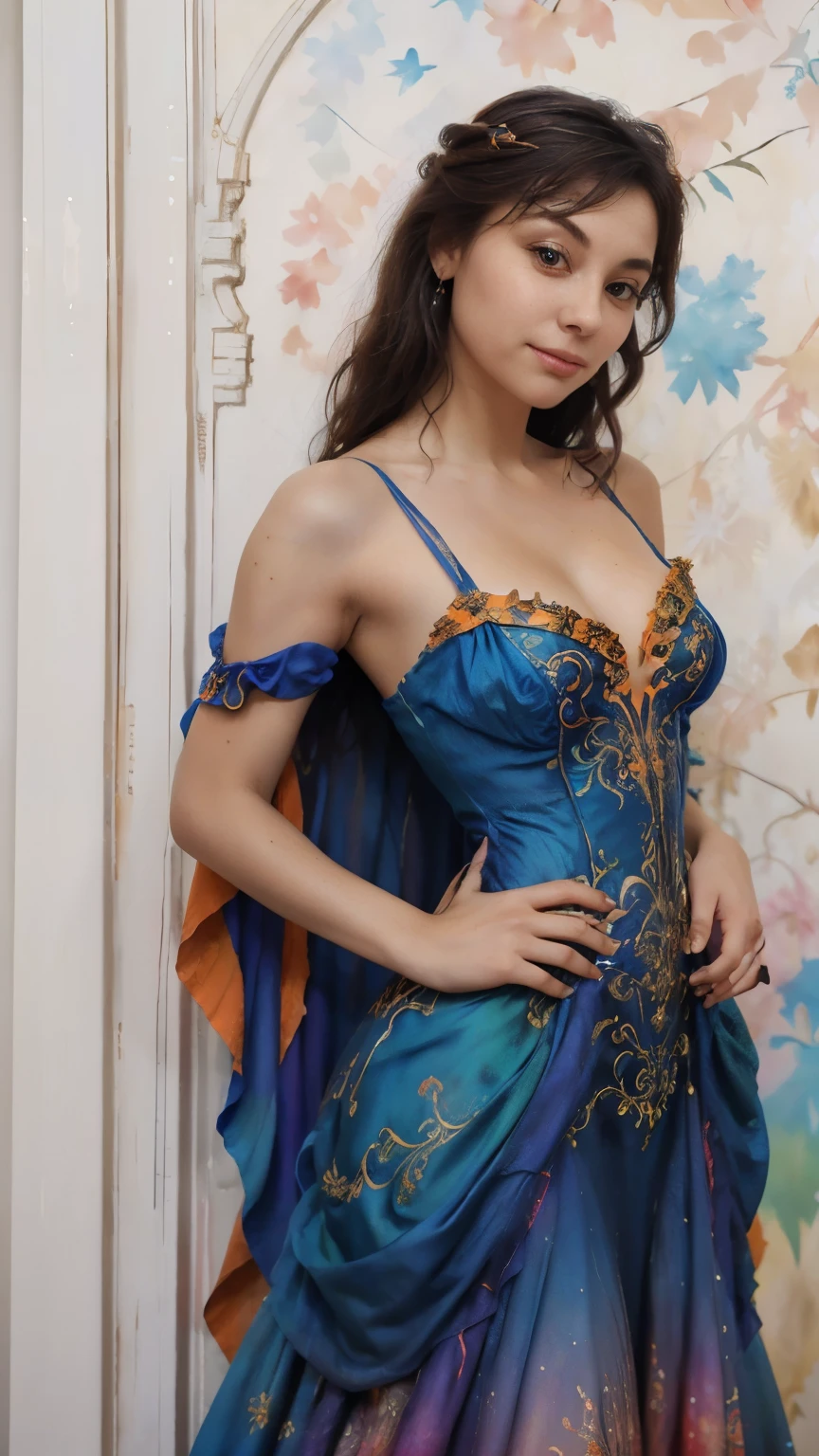 a close up of a woman in a colorful dress leaning against a wall, an airbrush painting by Marie Bashkirtseff, tumblr, baroque, beautiful dress, fantasy dress, extravagant dress, magical dress, stunning dress, dressed beautiful gown, gorgeous colors, stunning colors, wearing a magnificent dress, colorful dress, beautiful gown, blue and orange, beautiful and colorful