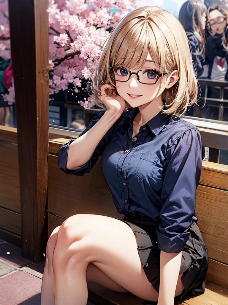 20 year old female、shiny hair quality、Beautiful Blonde Hair、bob hair、Glasses、Glasses美人、cherry blossoms、Cherry-blossom viewing、A woman drinking alcohol、shirt、skirt、cute、smile、Perfect skeleton