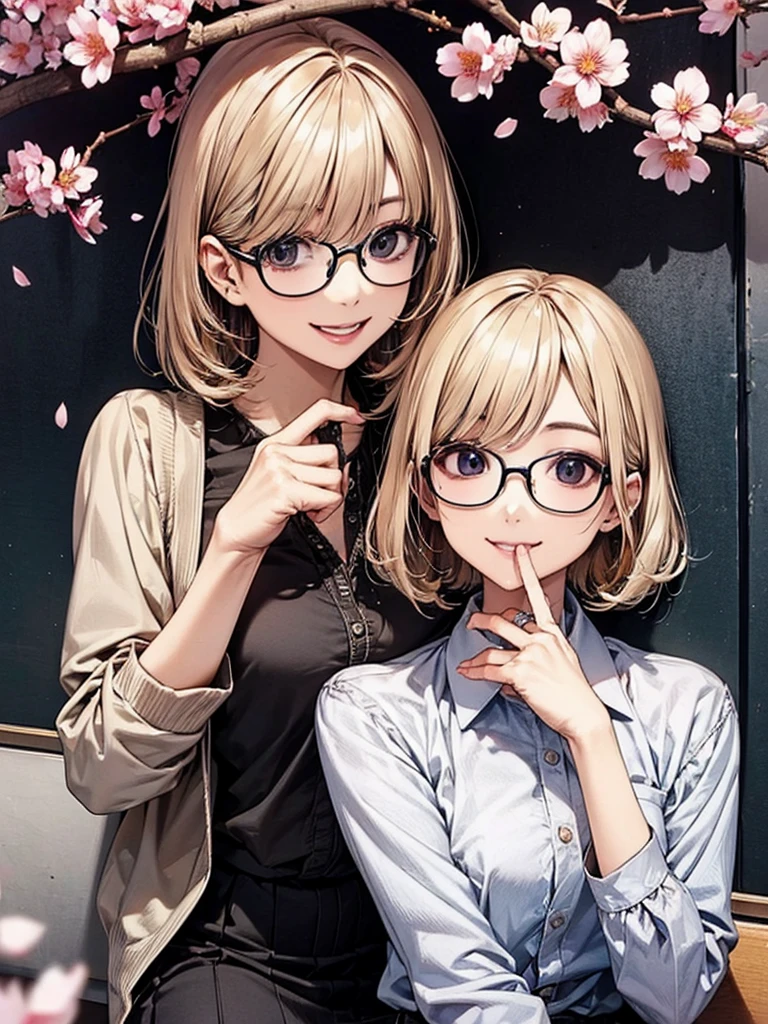 20 year old female、shiny hair quality、Beautiful Blonde Hair、bob hair、Glasses、Glasses美人、cherry blossoms、Cherry-blossom viewing、A woman drinking alcohol、shirt、skirt、cute、smile、Perfect skeleton