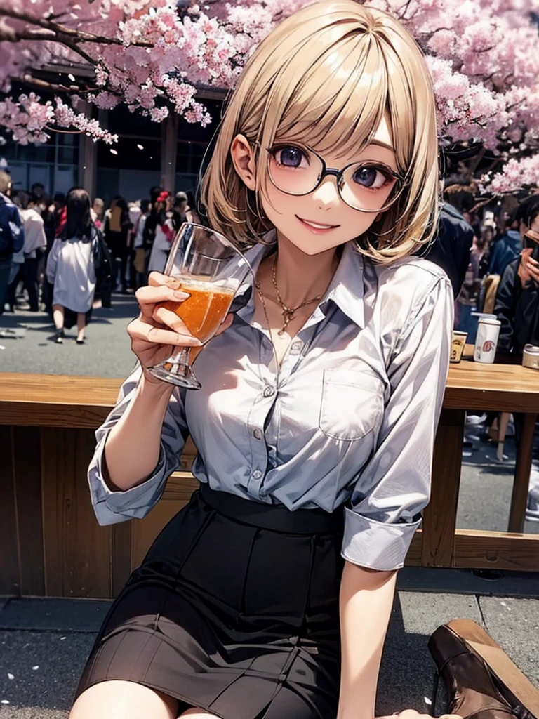 20 year old female、shiny hair quality、Beautiful Blonde Hair、bob hair、Glasses、Glasses美人、cherry blossoms、Cherry-blossom viewing、A woman drinking alcohol、shirt、skirt、cute、smile、Perfect skeleton