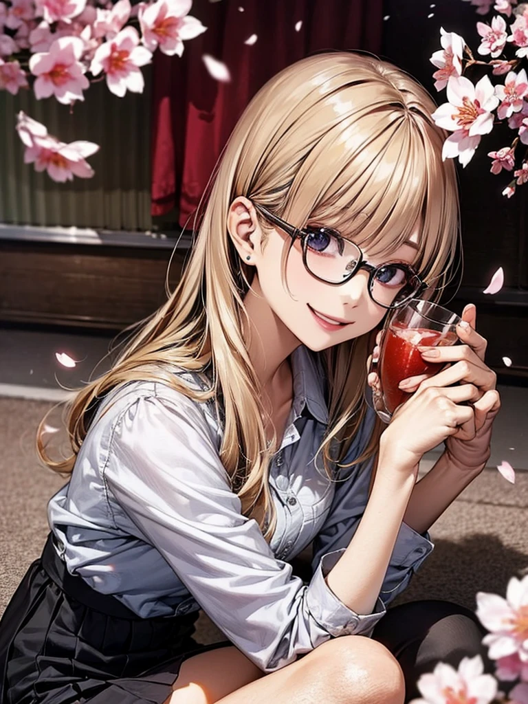 20 year old female、shiny hair quality、Beautiful Blonde Hair、bob hair、Glasses、Glasses美人、cherry blossoms、Cherry-blossom viewing、A woman drinking alcohol、shirt、skirt、cute、smile、Perfect skeleton