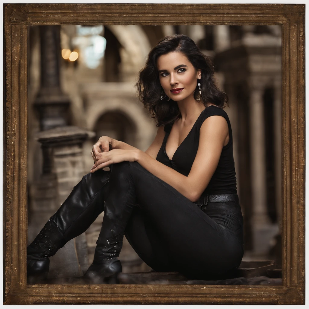 (masterpiece:1.2), (best quality,:1.2), 1girl, cowboy shot, black hair, medium length hair, large breasts, fit and body, adonis belt, (black thong:1.2), looking at viewer, smile, sitting on the table, bokeh, topless, breast, bra, virgin destroyer sweaterAdd some magical sparkles around