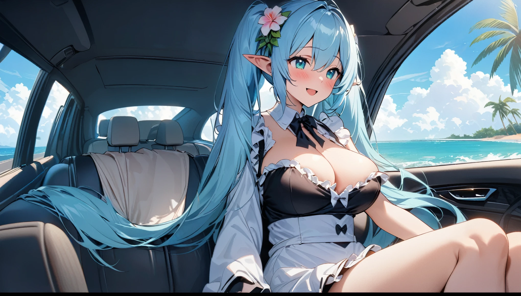 (masterpiece, best quality), 1 elven girl, ( bear breasts, thigh), (light blue hair, twin tails ,very long hair is fluttering in the wind), hair between eyes, multi colored hair,hair flower ornament ,(blush, smile, aqua eyes), open mouth, maid uniform,
((((undone clothing)))), (Open the front of the maid uniform chest very wide), large breasts, pointed ears, look from the side , (Cruising the highway in a car ) , (color of the car is white), ( the car has 2 seats), (the car has no roof), (passenger seat is left side in the car), (seating in the left seat in the car), Palm trees line the shoreline