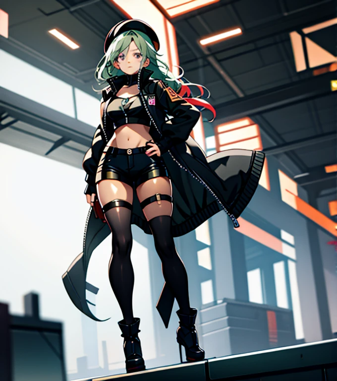 ubel,dark green hair,long hair,side ponytail,hair between eyes,bangs, BREAK (beret, black jacket, open clothes, cleavage, midriff, black shorts, black thighhighs, thigh strap, fingerless gloves, single glove:1.2) BREAK blurry background, BREAK pose, hand on hip, BREAK (masterpiece:1.2), best quality, high resolution, unity 8k wallpaper, (illustration:0.8), (beautiful detailed eyes:1.6), extremely detailed face, perfect lighting, extremely detailed CG, (perfect hands, perfect anatomy),