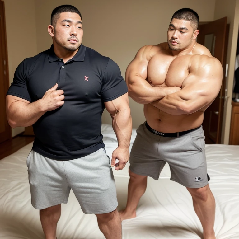 full body,(looking away:1.2), (sexy look:1.2), (kissing each other:1.2), (polo shirt:1.2), (at bed room:1.2), Japanese man, manly face, (round face:1.2), (monolid eyes:1.2), (crew cut:1.2), very large and strong body, bulky body, beefy muscles, (bulging muscles:1.2), (very large pectoral muscles:1.2), (muscular arms:1.2), muscular abs, muscular legs, muscular back, bright oily skin, (realistic:1.2), distant view