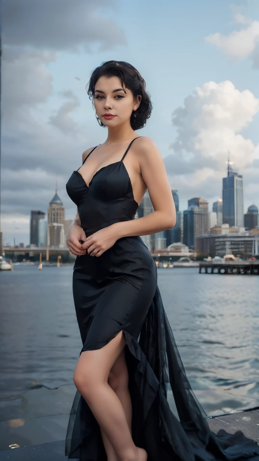 woman in black dress posing on a pier with a city skyline in the background, a photo by Jack Boul, tumblr, pop art, elegant glamourous cosplay, glamourous cosplay, stunning elegant pose, black gown, glamorous pose, pinup style, stunning elegant, old hollywood themed, flowing black gown, emaciated black evening gown