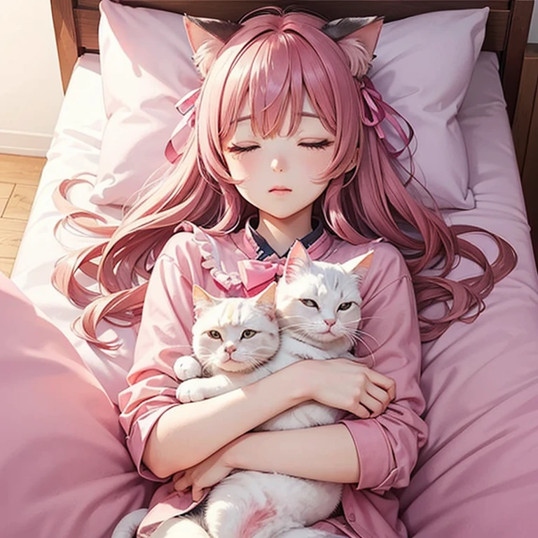 Cat with pink ribbon、morning、Feeling overlaid、Sleeping face、make hair pink