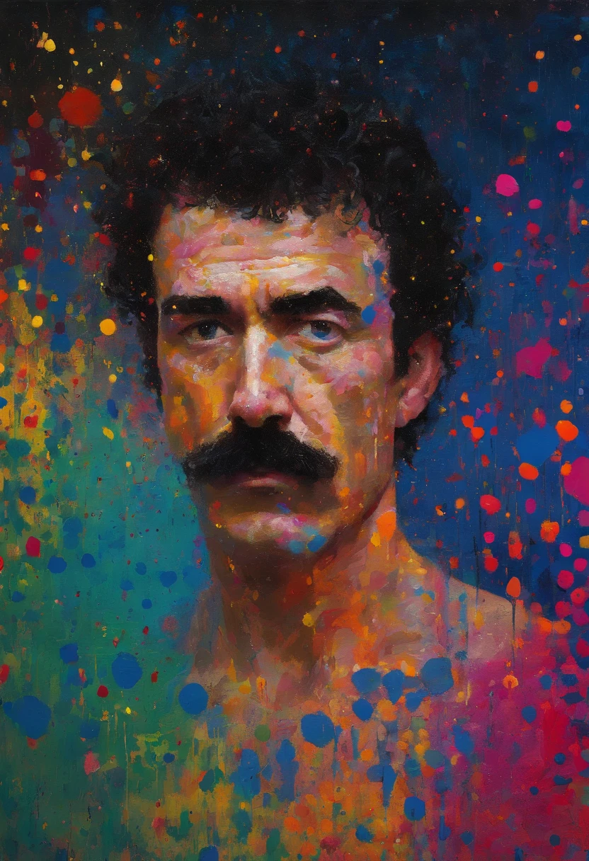 a painting of a male model with very short permed curly hair and a thick mustache like tom selleck, in the style of paint dripping technique, epic portraiture, in the style of neon color palette, gritty horror comics, structured chaos, symbolic self-portraits, minimalist impulses flora borsi, zhang jingna, dripping paint, tom hammick, burned/charred --stylize 50 --v 5.2 --style bJrSHXlCqLhYEOjm