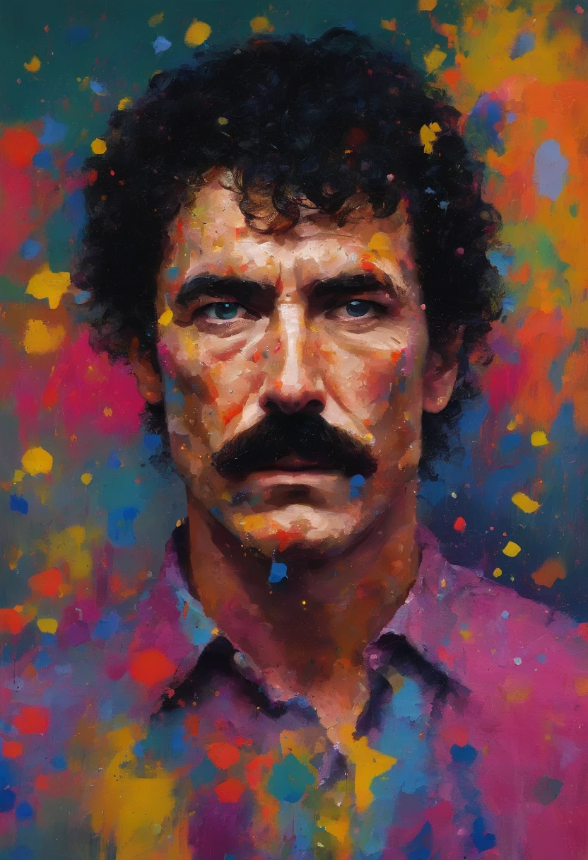 a painting of a male model with very short permed curly hair and a thick mustache like tom selleck, in the style of paint dripping technique, epic portraiture, in the style of neon color palette, gritty horror comics, structured chaos, symbolic self-portraits, minimalist impulses flora borsi, zhang jingna, dripping paint, tom hammick, burned/charred --stylize 50 --v 5.2 --style bJrSHXlCqLhYEOjm