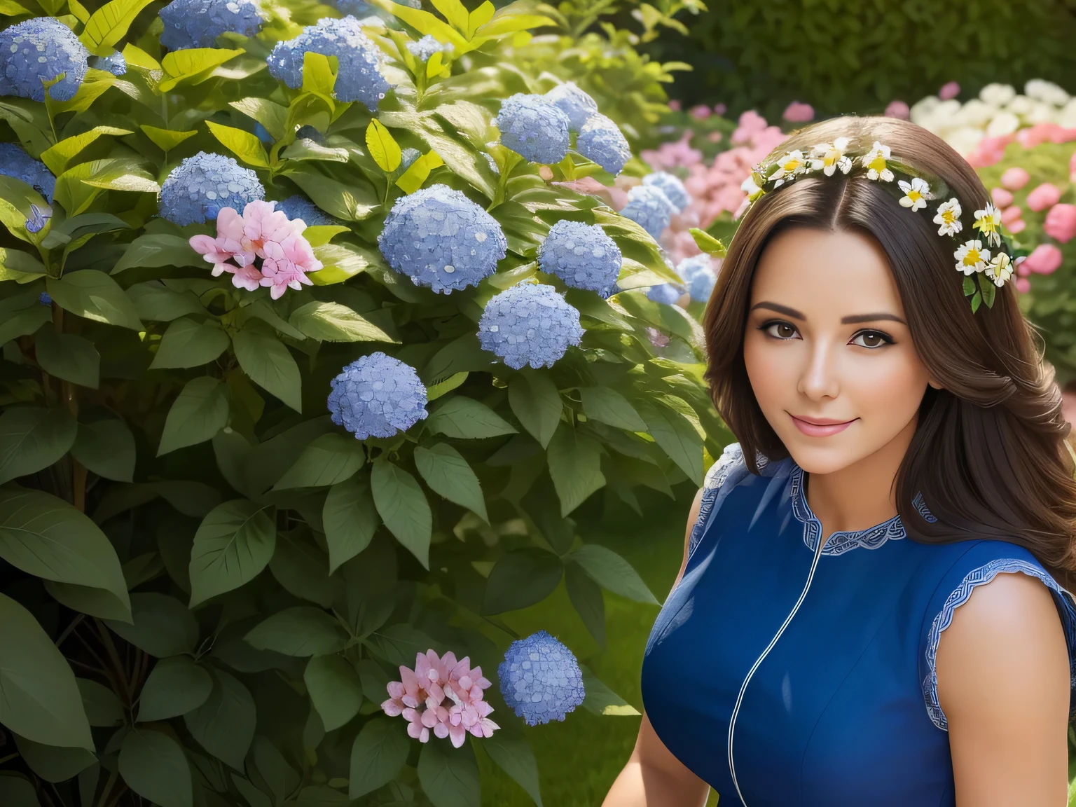 RAW, Best quality, high resolution, Masterpiece: 1.3, Beautiful brunette. Best quality, high resolution. Realistic, detailed and full body. smiling woman in front of a flower bush with a blue tiled wall, with flowers, flowers on her cheeks, standing in a botanical garden, next to a plant, woman in flowers, covered in plants, covered in flowers, in the garden, flowers in the background. She is around 40 years old, a woman in good physical condition. Masterpiece, best quality, (best quality), realistic lighting, 8k.