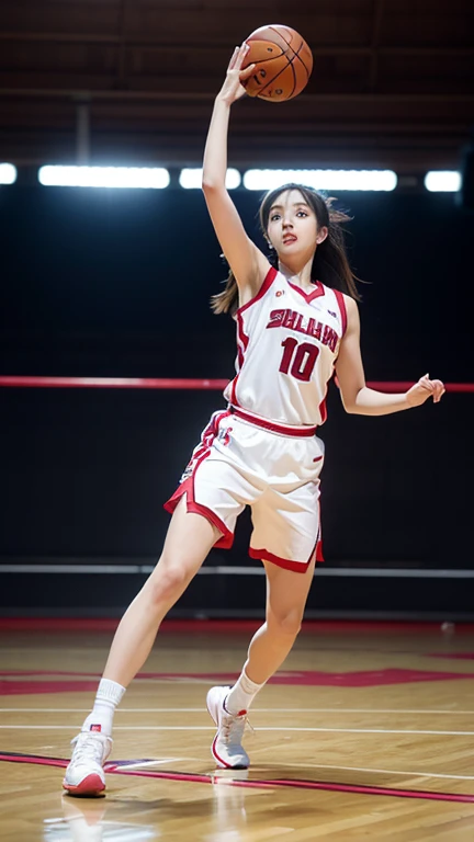 (8k, best quality, masterpiece:1.2), (photo-realistic:1.37), ultra-detailed, ultra high res, professional lighting, photon mapping, radiosity, physically-based rendering, cinematic lighting, basketball court, depth of field, sharp focus, sunbeam, good composition, (bokeh:1.2) 1 indonesian girl, (full body view), (white basket shoes), detailed eyes, pose, narrow waist, basketball uniform, black messy hair, long hair floating in wind, (ulzzang-6500:1.2) mix4, highbody