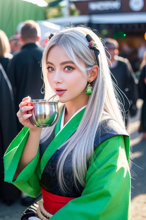 a young silver haired woman with green eyes with an hourglass figure in a conservative traditional kimono is eating at a festival in the underworld