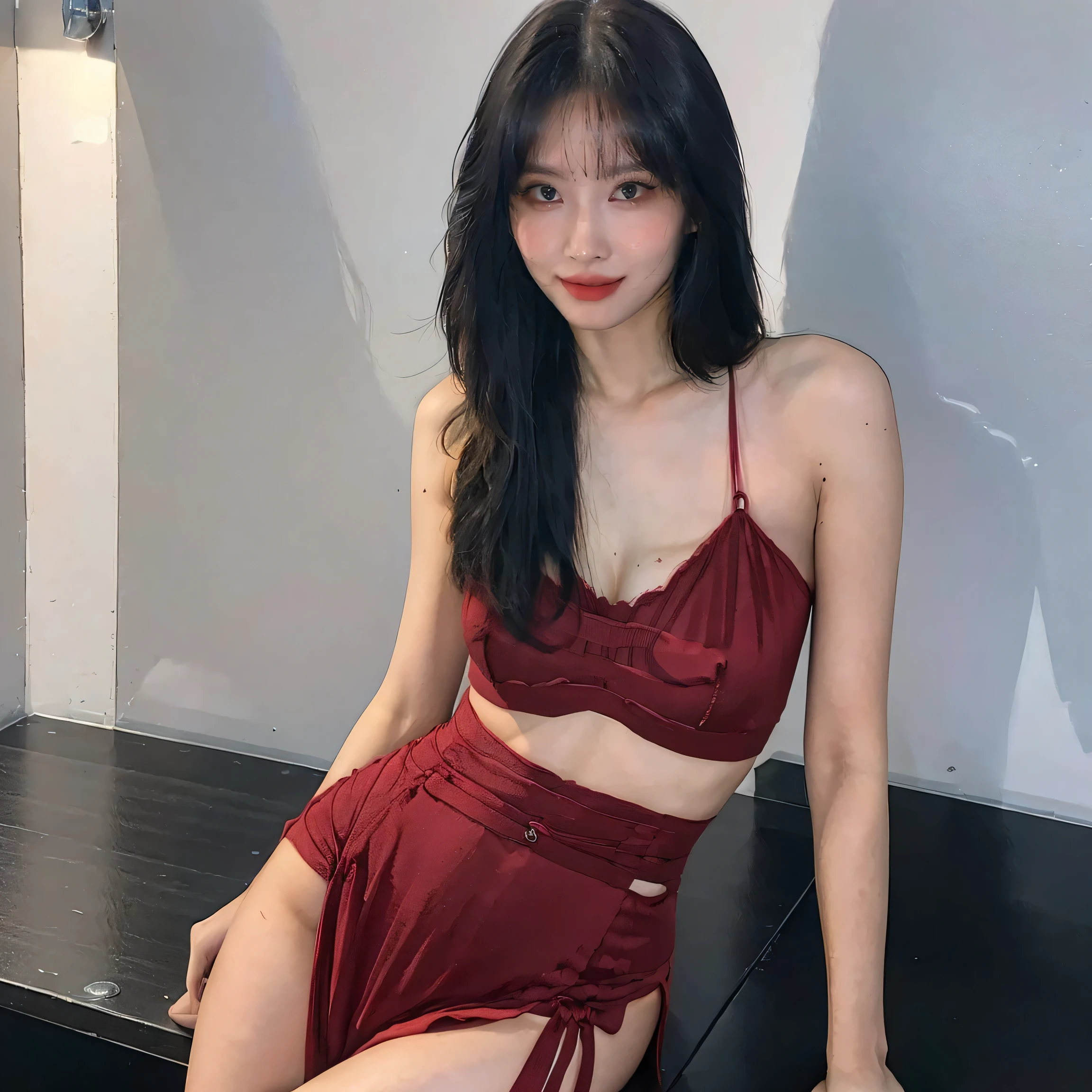TWICE MOMO, 1girl, solo, long_hair, red hair, looking_at_viewer, smile, teeth, realistic, Beautiful slender waist, very slender legs, long legs, visible tits, large breasts, visible pussy, Naked, looking at viewer, photograph, photorealistic, beautiful and aesthetic, extremely detailed skin, extremely detailed hair, shadows, masterpiece, top quality, best quality, highres, ultra-high res, ultra-detailed, detailed lighting, high key lighting, vignetting,