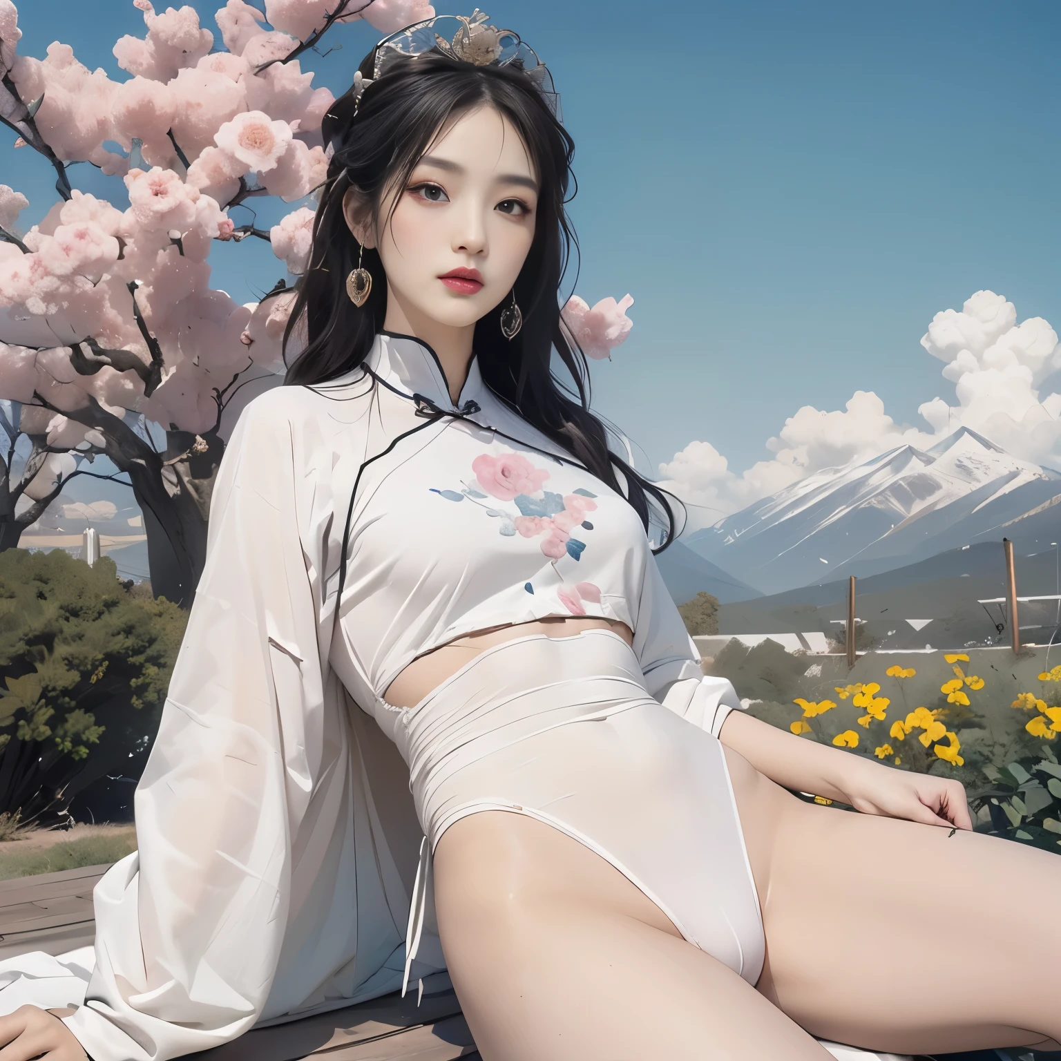 Blue sky and white clouds，Clouds and mountains in the distance、tower and many people，pink flowers，Cherry tree，Hanfu woman,Phoenix Crown Tiara、Detailed embroidery、穿Hanfu裤袜、Hanfu、穿着长袖Hanfu、Transparent and clearly visible、Look and、Bare oversized breasts、raw,(8K、top quality、masterpiece:1.8)、(intricate details:1.8)、(Realism:1.8)、Octane number renderings、Complex 3D renderings with ultra-details, Studio soft light, edge light, Vibrant details, Ultra-detailed, Realistic skin texture, Details, beautiful eyes, Very detailed CG Unity 16k wallpaper, cosmetics, (Detailed background:2.0), clear fingers，beautiful fingers，skin glowing、spread your legs，Camel toe showing thigh!!!、