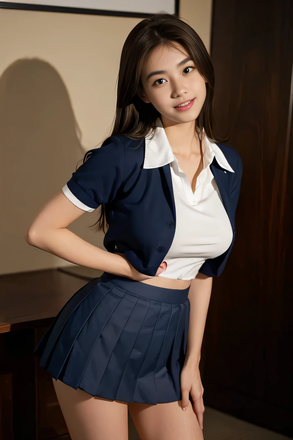((japanse beatiful girl:1.3)) slim body ((school uniforms very short skirt:1.4)) ((panty shot:1.5)) ((high school)),((dark blue skirt:1.3)) ((in the office:1.3)) ((thin_fabric:1.4)) ((sexy pose:1.3)) ((sweaty:1.5))((face is flushed:1.4)) ((big breasts:1.4)) ((close-up:1.2)) best quality,masterpiece,ultra high res,(photorealistic:1.4),raw photo,(Authentic skin texture:1.3),(film grain:1.3),panorama,character portrait,very wide shot,narrow waist,cowboy shot,(in the dark, deep shadow, low key, cold light,) night,(()),streaming tears,,dust,Tyndall effect,(expression),1girl,beautiful detailed eyes and face,white jabot,brown eyes,((brown hair:1.2)) ((full body:1.3)) ((smile:1.3)) , revealing ass and breast