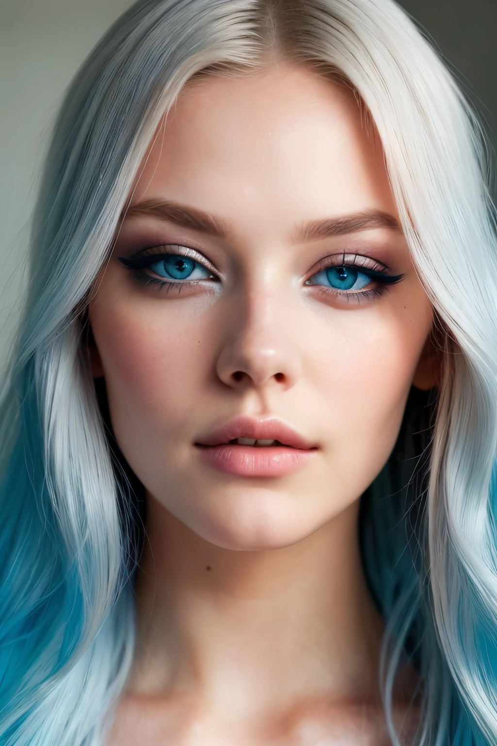 Close up portrait of the most beautiful, sexy ethereal woman in a mesmerizing scene. Her very long icy blue hair cascades down in soft waves, framing a face of extreme detail and elegance. Her frosty blue eyes, big and captivating, captivate with three gradient blue shades of eyeshadow and eyeliner, accentuated by dark purple mascara and long lashes that fan out, enhancing her double eyelids. Rosy cheeks add a touch of warmth to her ethereal beauty, and her skin's glossy texture shines in the cinematic light, highlighting each and every realistic pore and wrinkle, showcasing her flaw