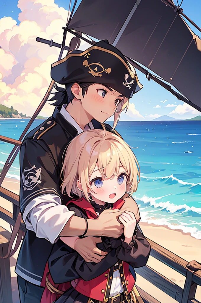 (1girl,1boy,hug), (pirate boy), (Girl, princess), Holding on mast,
