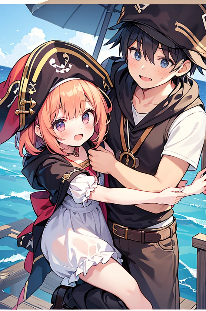 (1girl,1boy,hug), (pirate boy), (Girl, princess), Holding on mast,